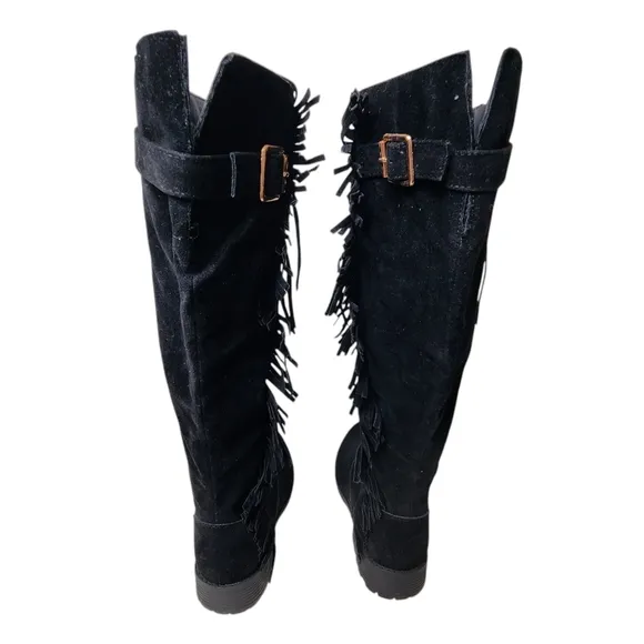 NATURE BREEZE Riley-01 Boots Tall Black Suede Inside Zip Fringe Gold Buckle NWB