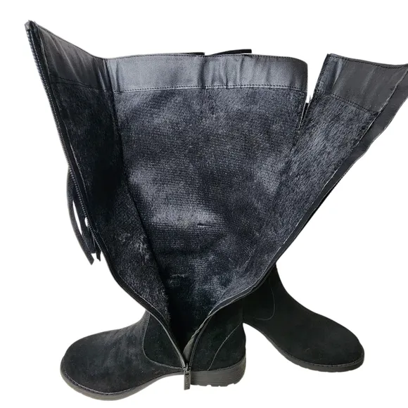 NATURE BREEZE Riley-01 Boots Tall Black Suede Inside Zip Fringe Gold Buckle NWB