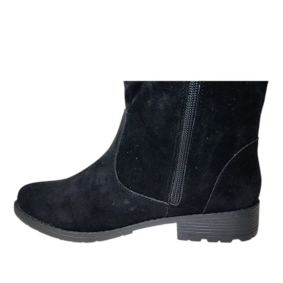 NATURE BREEZE Riley-01 Boots Tall Black Suede Inside Zip Fringe Gold Buckle NWB