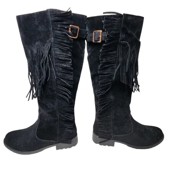NATURE BREEZE Riley-01 Boots Tall Black Suede Inside Zip Fringe Gold Buckle NWB