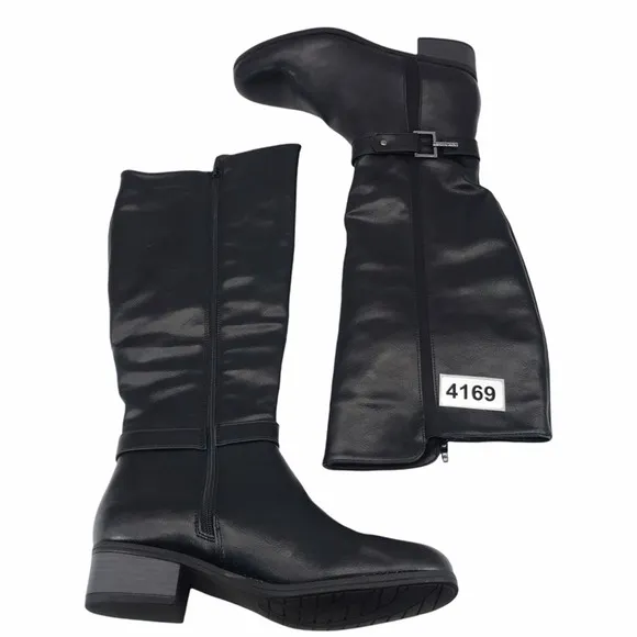 Nautica Womens Riding Boots Black Low Block Heel Knee High Zip Straps 9 M New