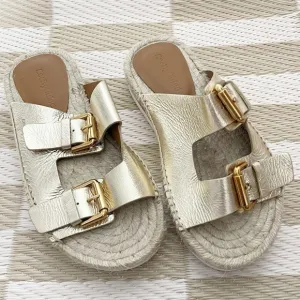NEW $325 See by Chloe Glyn Double Buckle Gold Espadrille Slide Sandals