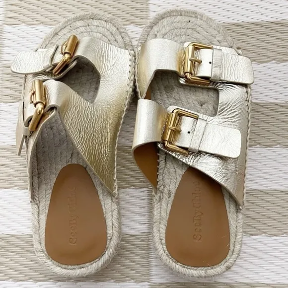 NEW $325 See by Chloe Glyn Double Buckle Gold Espadrille Slide Sandals