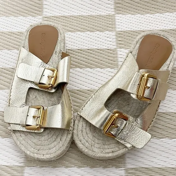 NEW $325 See by Chloe Glyn Double Buckle Gold Espadrille Slide Sandals