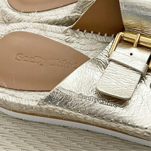 NEW $325 See by Chloe Glyn Double Buckle Gold Espadrille Slide Sandals