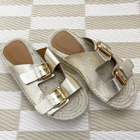 NEW $325 See by Chloe Glyn Double Buckle Gold Espadrille Slide Sandals