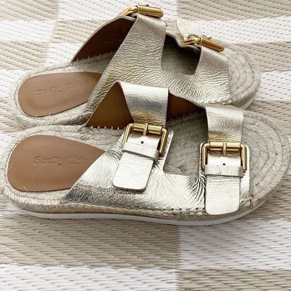 NEW $325 See by Chloe Glyn Double Buckle Gold Espadrille Slide Sandals