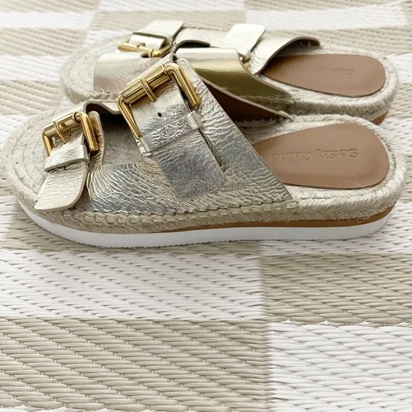 NEW $325 See by Chloe Glyn Double Buckle Gold Espadrille Slide Sandals