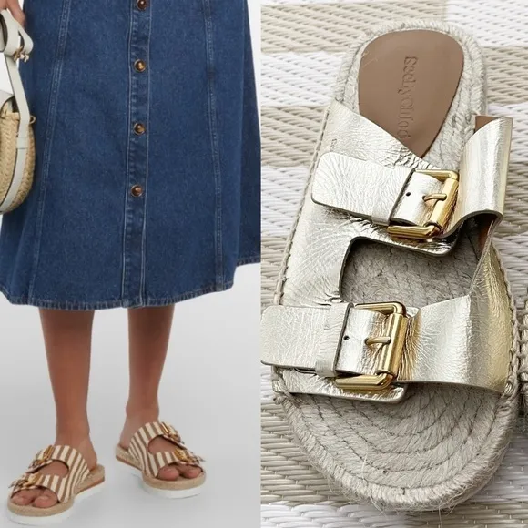 NEW $325 See by Chloe Glyn Double Buckle Gold Espadrille Slide Sandals