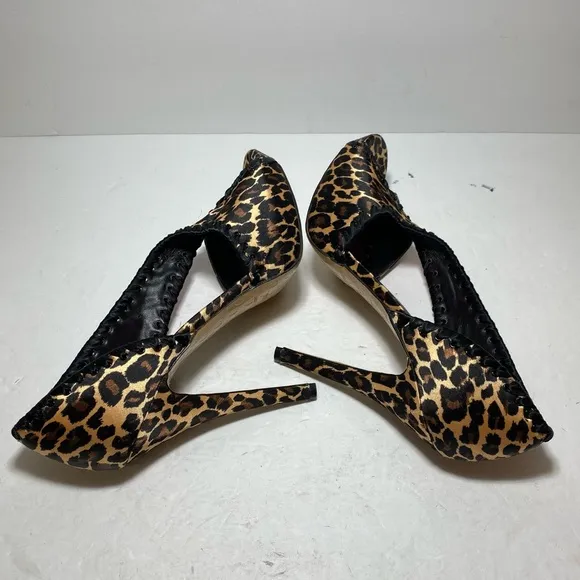 New Betsy Johnson Leopard Peep Toe Satin High Heel Pump Women's Shoes Size 10