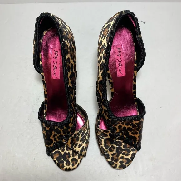 New Betsy Johnson Leopard Peep Toe Satin High Heel Pump Women's Shoes Size 10