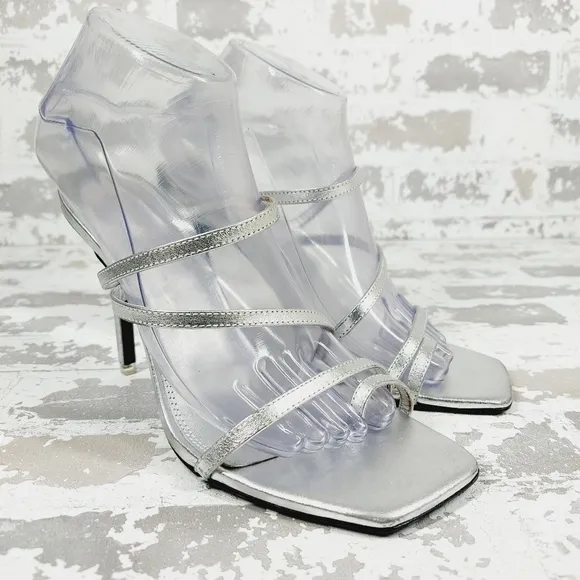 NEW Black Suede Studio Silver Strappy Square Toe Heeled Summer Sandals M1007