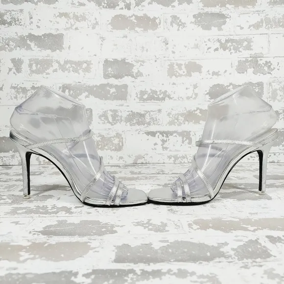NEW Black Suede Studio Silver Strappy Square Toe Heeled Summer Sandals M1007