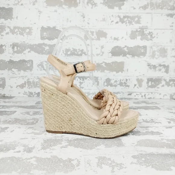 NEW BP. Goldie Braided Cream Tan Wedge Heeled Summer Sandals A165