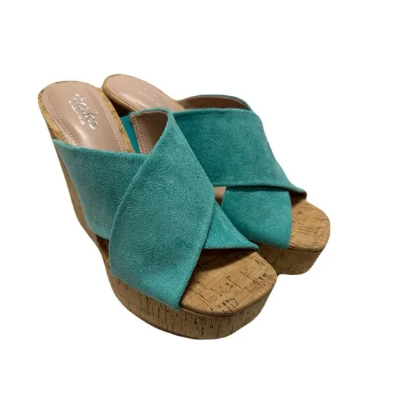 NEW Charles David Womens 9 Duo Wedge Sandals Faux Suede Cris Cross Straps Aqua