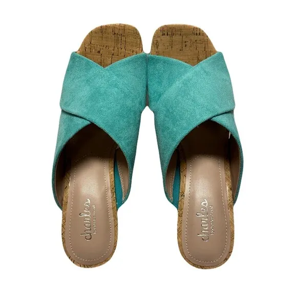 NEW Charles David Womens 9 Duo Wedge Sandals Faux Suede Cris Cross Straps Aqua