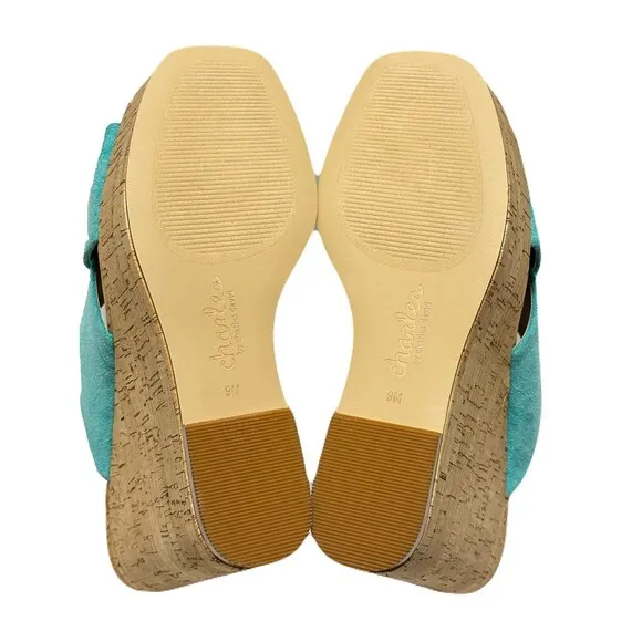 NEW Charles David Womens 9 Duo Wedge Sandals Faux Suede Cris Cross Straps Aqua