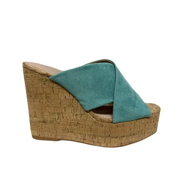 NEW Charles David Womens 9 Duo Wedge Sandals Faux Suede Cris Cross Straps Aqua