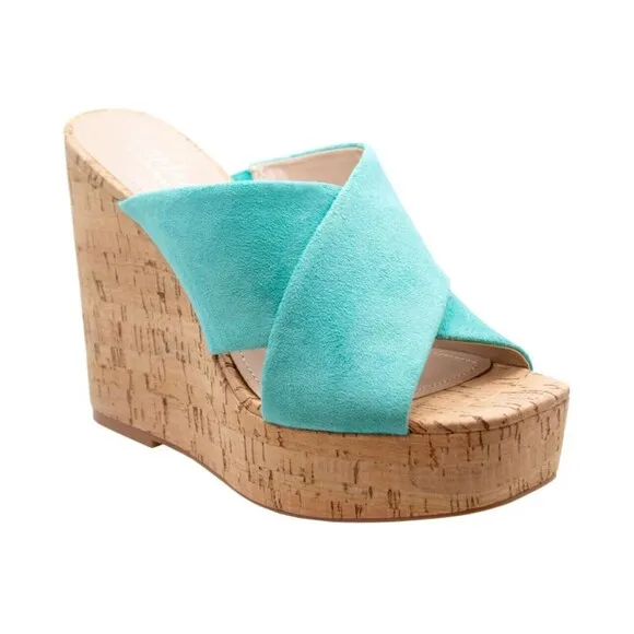 NEW Charles David Womens 9 Duo Wedge Sandals Faux Suede Cris Cross Straps Aqua