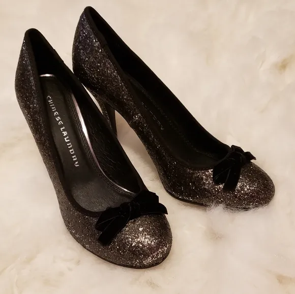 NEW Chinese Laundry Black Silver Glitter Heels Stiletto Leather Shoes Summer