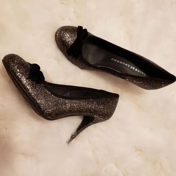 NEW Chinese Laundry Black Silver Glitter Heels Stiletto Leather Shoes Summer