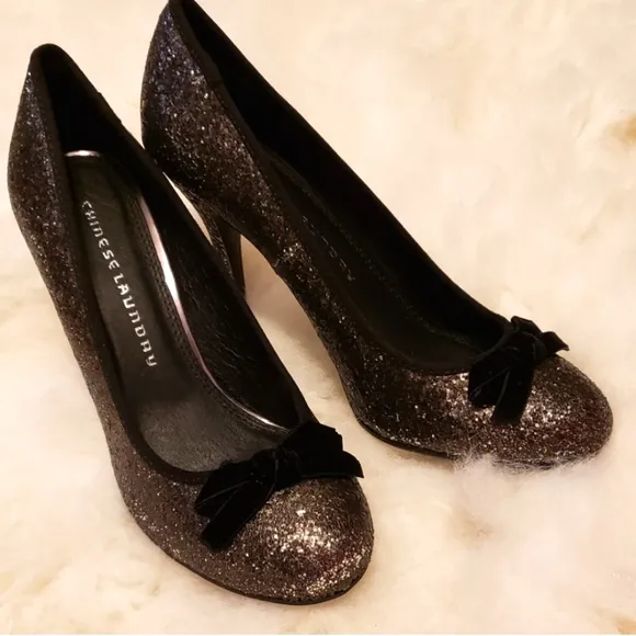 NEW Chinese Laundry Black Silver Glitter Heels Stiletto Leather Shoes Summer