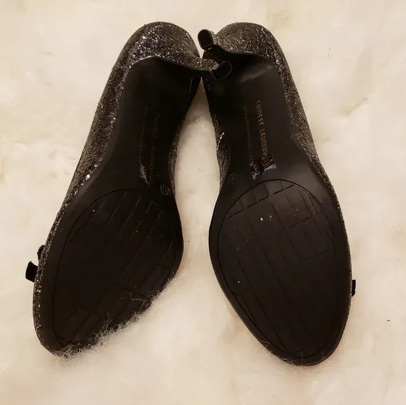 NEW Chinese Laundry Black Silver Glitter Heels Stiletto Leather Shoes Summer