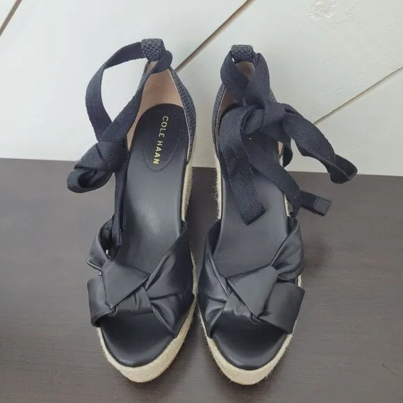 NEW Cole Haan Cloudfeel Womens Size 8 Black Espadrille Wedge Leather Sandals 4CT
