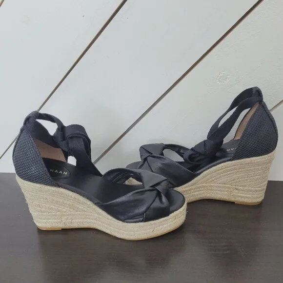 NEW Cole Haan Cloudfeel Womens Size 8 Black Espadrille Wedge Leather Sandals 4CT