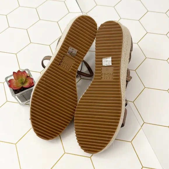 NEW Eileen Fisher Wanda Gold Metallic Leather espadrille wedge sandals women 10