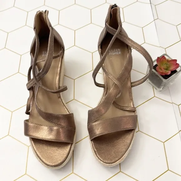 NEW Eileen Fisher Wanda Gold Metallic Leather espadrille wedge sandals women 10