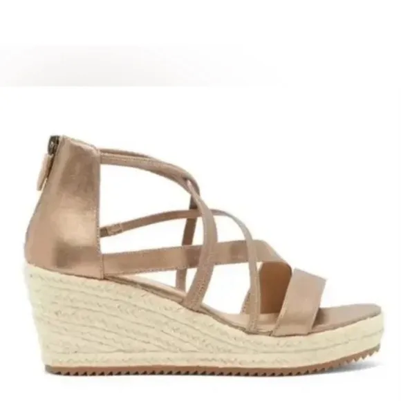 NEW Eileen Fisher Wanda Gold Metallic Leather espadrille wedge sandals women 10