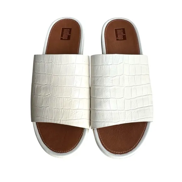 NEW Fitflop Eloise Cream Embossed Leather Sandals Platform Wedge Mules Women’s
