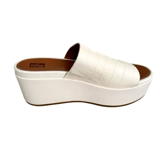 NEW Fitflop Eloise Cream Embossed Leather Sandals Platform Wedge Mules Women’s