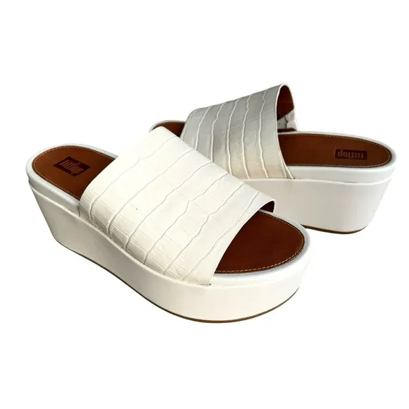 NEW Fitflop Eloise Cream Embossed Leather Sandals Platform Wedge Mules Women’s