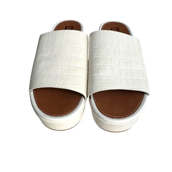 NEW Fitflop Eloise Cream Embossed Leather Sandals Platform Wedge Mules Women’s