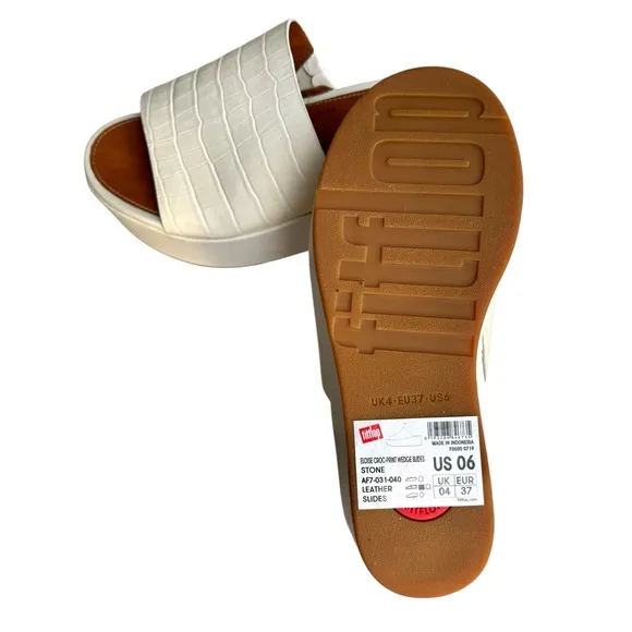 NEW Fitflop Eloise Cream Embossed Leather Sandals Platform Wedge Mules Women’s