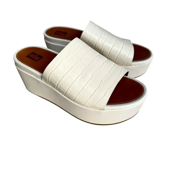 NEW Fitflop Eloise Cream Embossed Leather Sandals Platform Wedge Mules Women’s