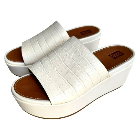 NEW Fitflop Eloise Cream Embossed Leather Sandals Platform Wedge Mules Women’s