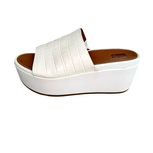 NEW Fitflop Eloise Cream Embossed Leather Sandals Platform Wedge Mules Women’s