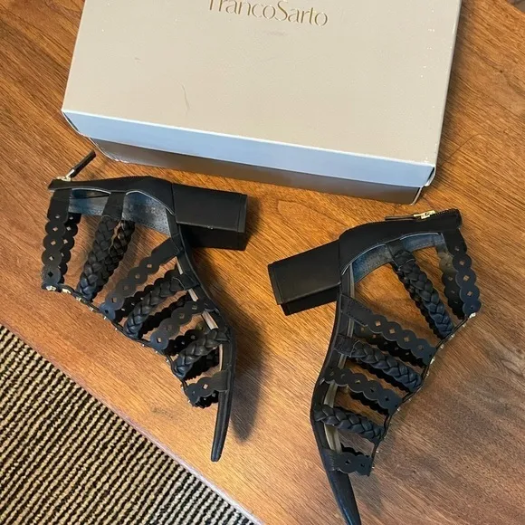 NEW Franco Sarto L-Paisley black Gladiator Block Heel Strappy Studded Shoes