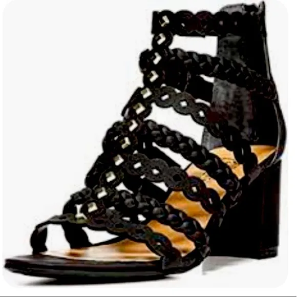 NEW Franco Sarto L-Paisley black Gladiator Block Heel Strappy Studded Shoes