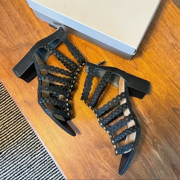 NEW Franco Sarto L-Paisley black Gladiator Block Heel Strappy Studded Shoes