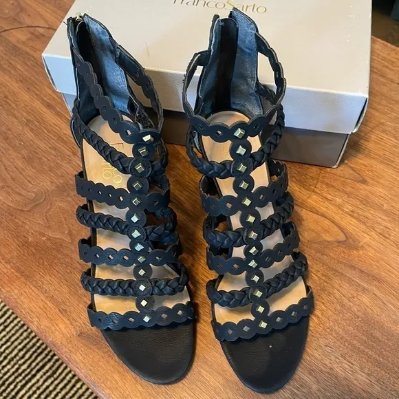 NEW Franco Sarto L-Paisley black Gladiator Block Heel Strappy Studded Shoes