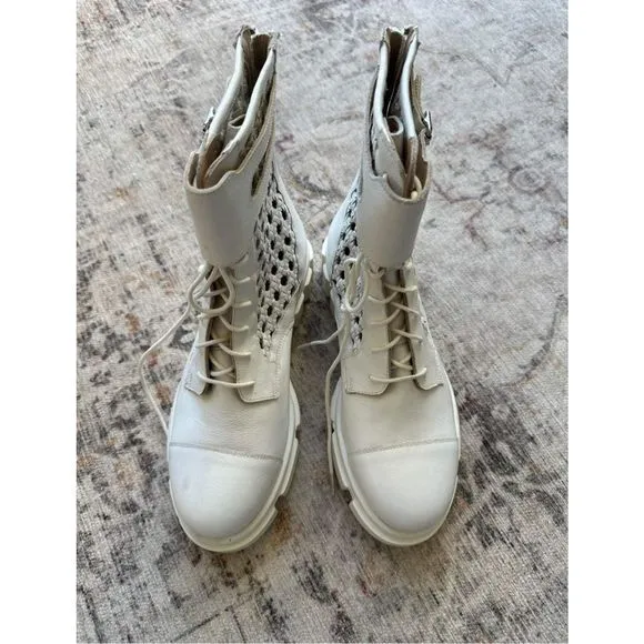 New Free People Boots Asher Ankle White Leather Weaved Side Combat Moto Sz Eu 38