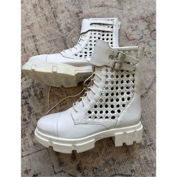 New Free People Boots Asher Ankle White Leather Weaved Side Combat Moto Sz Eu 38