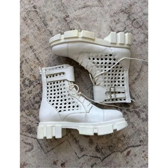 New Free People Boots Asher Ankle White Leather Weaved Side Combat Moto Sz Eu 38