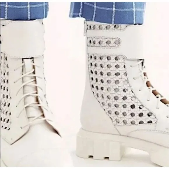 New Free People Boots Asher Ankle White Leather Weaved Side Combat Moto Sz Eu 38