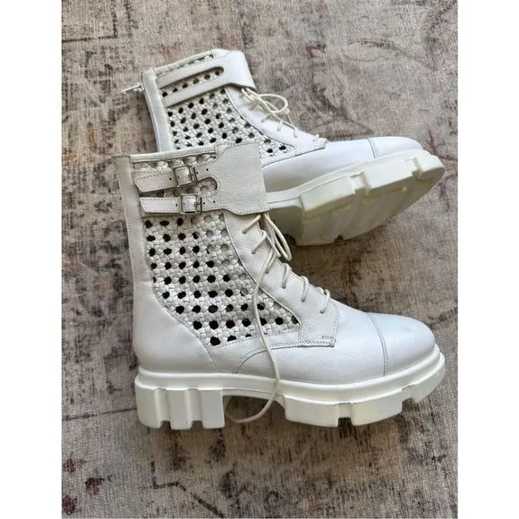 New Free People Boots Asher Ankle White Leather Weaved Side Combat Moto Sz Eu 38