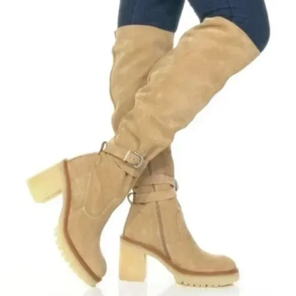 New Free People Jasper Platform Over The Knee Boots Suede Tan Size 9.5